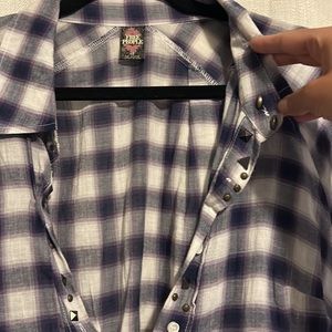 Free People purple and white half open button down with embellishments